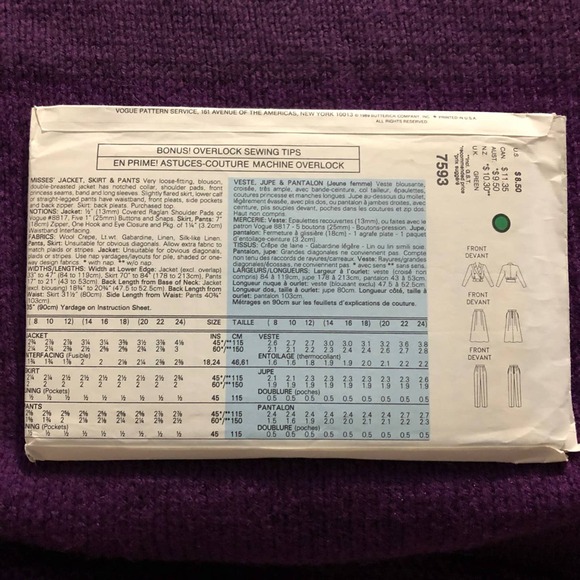 Vogue sewing pattern 7593 Womens suit maxi skirt pants sz 14 16 18 - Picture 3 of 8